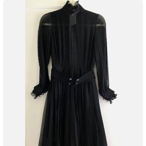 NWT Love Diego Binetti 100% Silk Pleated Ruffle Black Classic Dress Size 0 XS